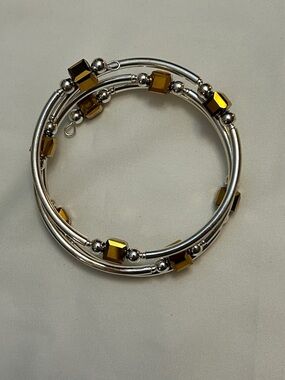 Silver Coil Bracelet with Amber Cube Beads